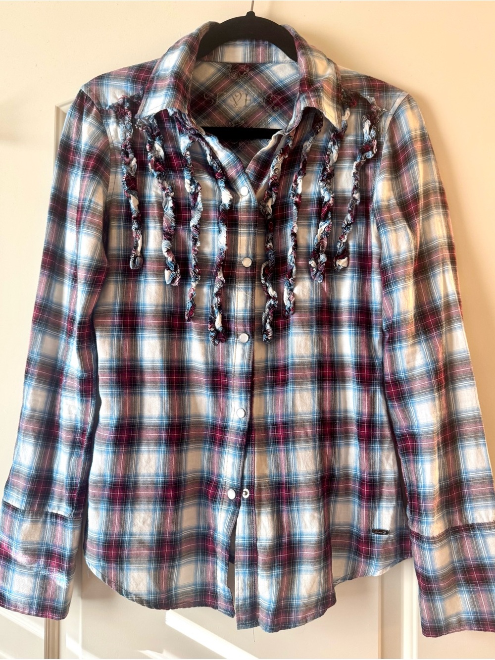 Seven7 Plaid Ruffle Pearl Snap Western Shirt Y2K Blue Burgundy Small